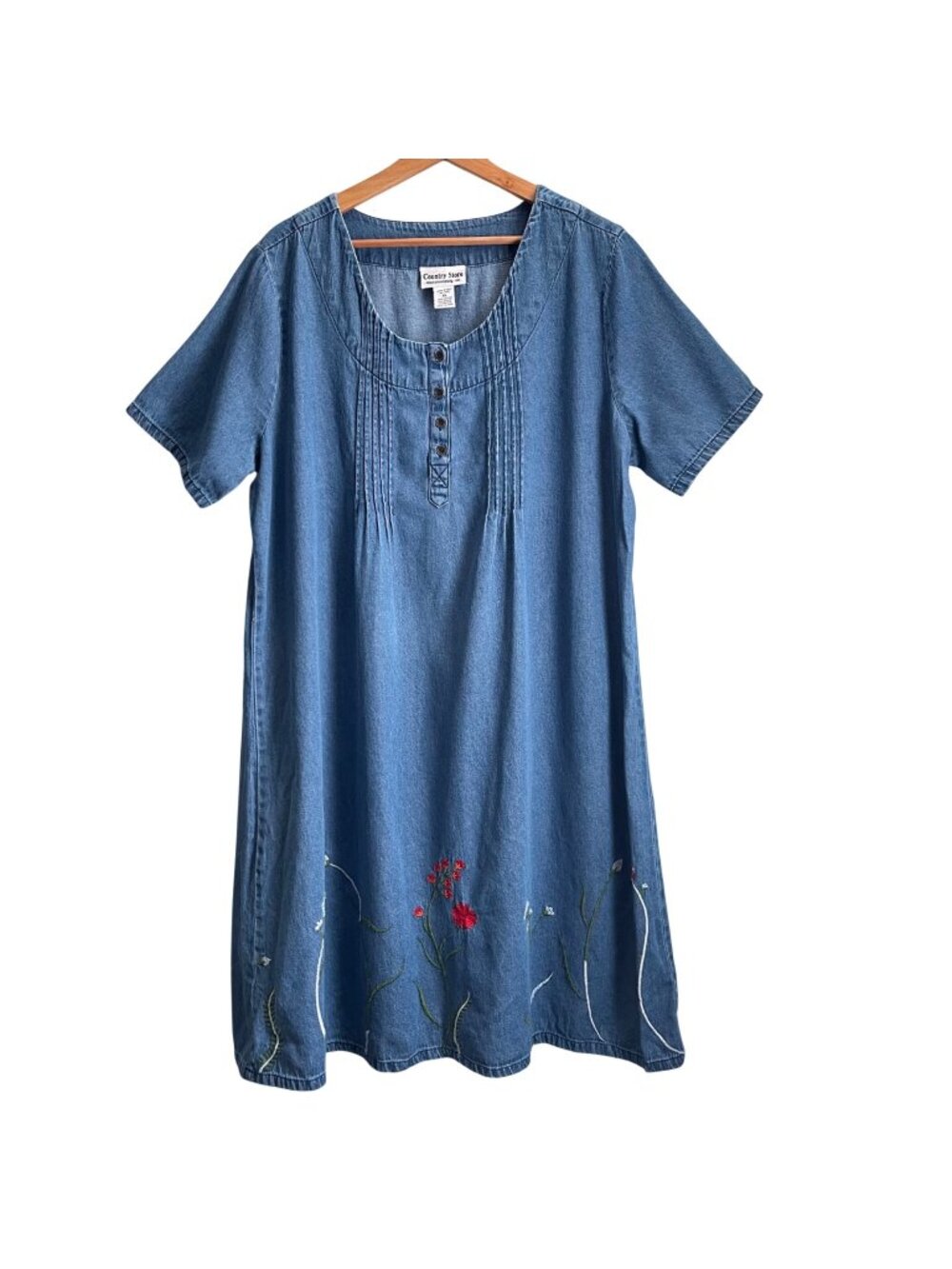 Vintage Country Store Womens Cottagecore Denim Dress Size XL Prairie Embroidered